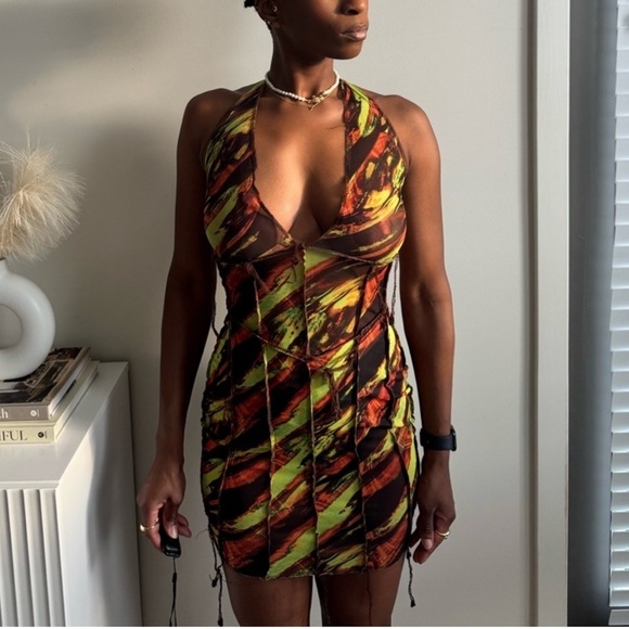 PrettyLittleThing Other - PrettyLittleThing Brown Orange Neon Green Mini Mesh Swim Cover Up Halter Dress